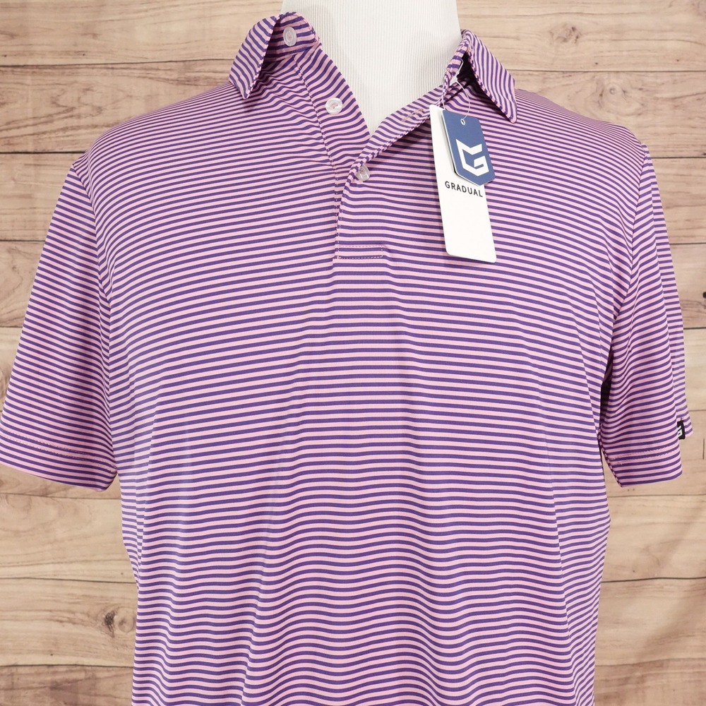 New! Gradual Performance Polo Mens Size M Purple Pink Striped NWT Golf Shirt
